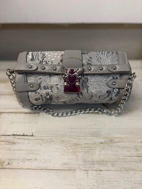 Gray Floral Jacquard Mini Cylinder Bag with Chain Strap